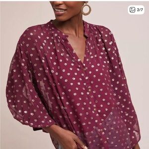 Moulinette Soeurs x Anthropologie Allegra Burgundy Gold Foil Sheer‎ Blouse Sz XS